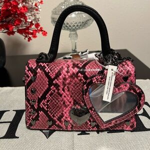Betsey Johnson Mini Evie Snake-Print Top Handle Bag with Heart Mirror Charm NWT